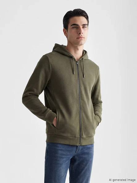 LCWAIKIKI Basic Haki Erkek Fermuarlı Sweatshirt ürün görseli 1