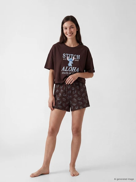 LCW Young Kahverengi Stitch Baskılı Kadın Şortlu Pijama Takımı ürün görseli 1