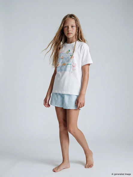 LCW Kids Ekru Kız Çocuk Baskılı Şortlu Pijama Takım ürün görseli 1