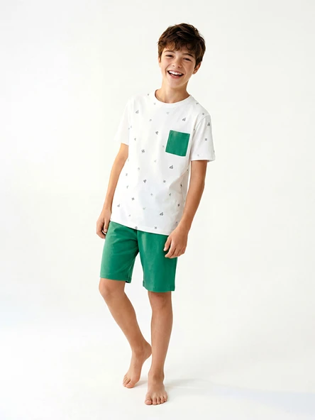 LCW Kids Beyaz Bisiklet Yaka Erkek Çocuk Şortlu Pijama Takımı ürün görseli 1