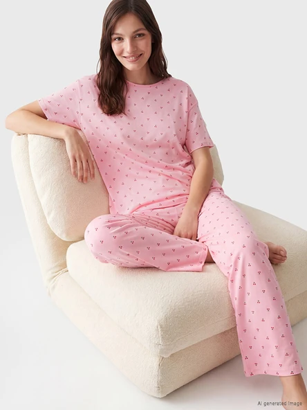 LCW DREAM Ekru Bisiklet Yaka Kiraz Baskılı Kadın Pijama Takımı ürün görseli 1