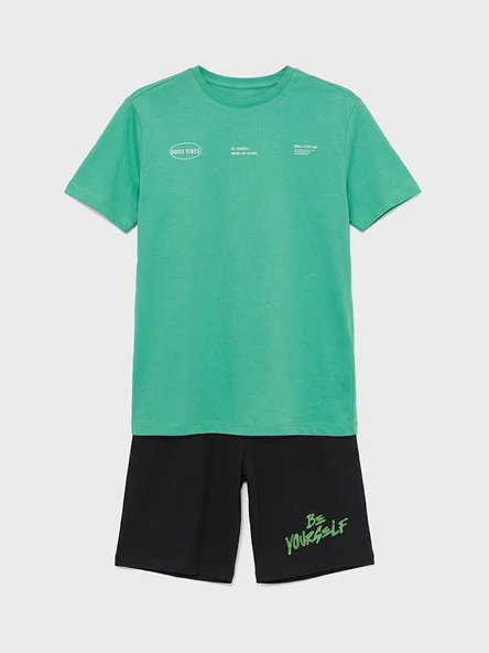 LCW Kids Yeşil Bisiklet Yaka Baskılı Erkek Çocuk Şortlu Pijama Takımı ürün görseli 1