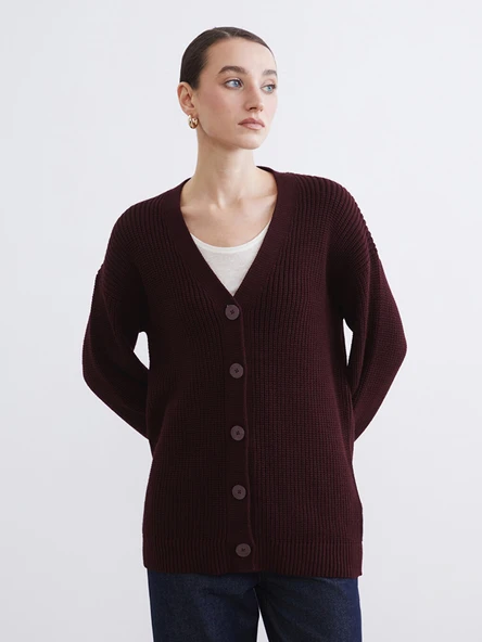 LCW Modest Bordo V Yaka Kadın Triko Hırka ürün görseli 1