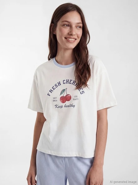 LCW Young Beyaz Bisiklet Yaka Baskılı Kadın Pijama Takım ürün görseli 1