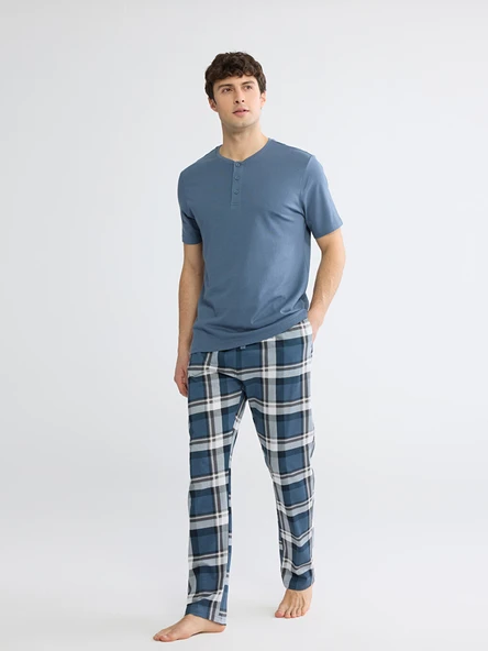 LC WAIKIKI İndigo Standart Kalıp Ekose Erkek Pijama Takım ürün görseli 1