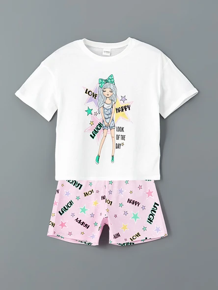 LCW Kids Beyaz Bisiklet Yaka Kız Çocuk Şortlu Pijama Takımı ürün görseli 1