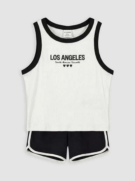 LCW Kids Ekru Los Angeles Baskılı Kız Çocuk Şortlu Pijama Takımı ürün görseli 1