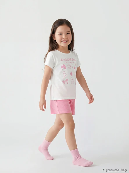 LCW Kids Ekru Baskılı Kız Çocuk Şortlu Pijama Takımı ürün görseli 1