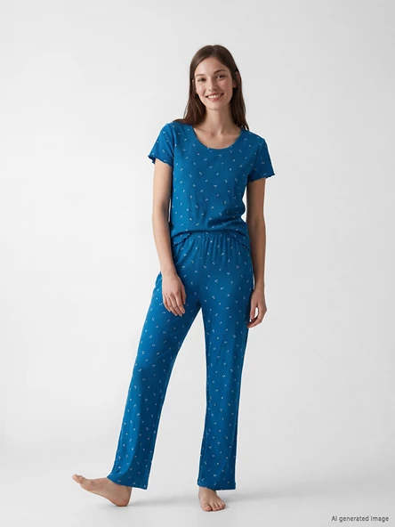 LCW DREAM Mavi Bisiklet Yaka Çiçekli Kadın Pijama Takımı ürün görseli 1