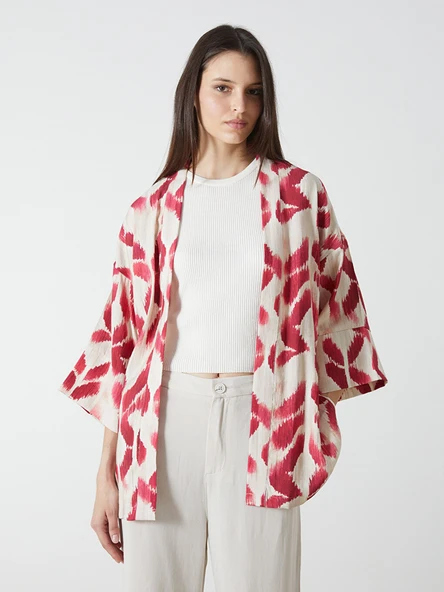 LCW Vision Kırmızı Şal Yaka Desenli Oversize Kadın Kimono ürün görseli 1