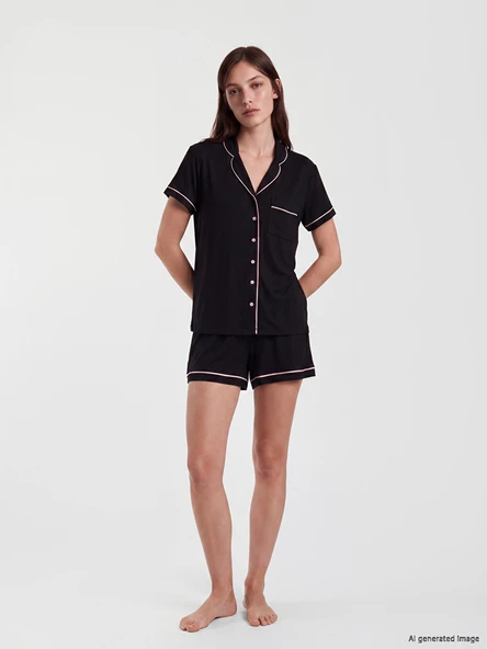 LCW DREAM Siyah Gömlek Yaka Kadın Şortlu Pijama Takımı ürün görseli 1