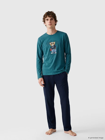 LC WAIKIKI Petrol Regular Fit Teddy Baskılı Erkek Pijama Takımı ürün görseli 1
