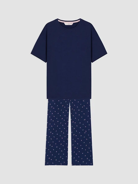 LCW DREAM Lacivert Bisiklet Yaka Baskılı Kadın Pijama Takımı ürün görseli 1