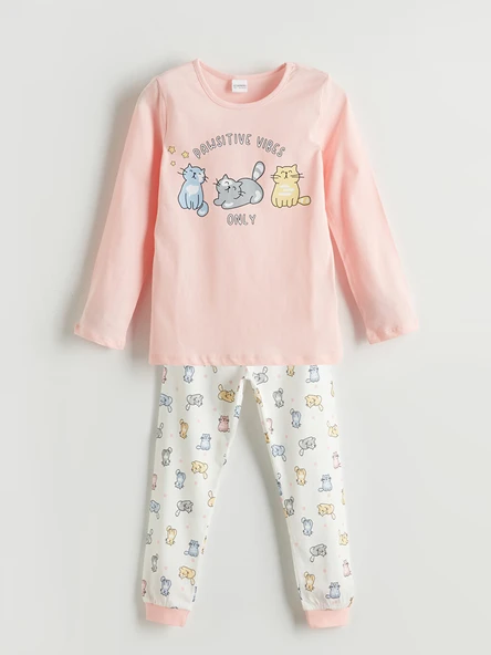 LCW Kids Pembe Bisiklet Yaka Kız Çocuk Pijama Takımı ürün görseli 1
