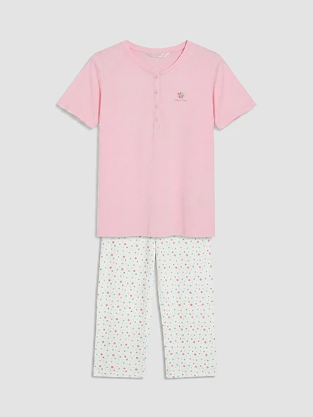 LCW DREAM Ekru Desenli Kadın Kaprili Pijama Takım ürün görseli 1