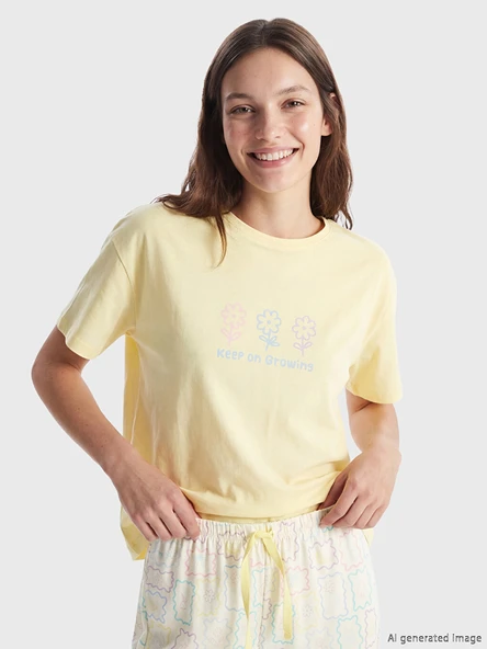 LCW Young Ekru Bisiklet Yaka Baskılı Kadın Pijama Takım ürün görseli 1
