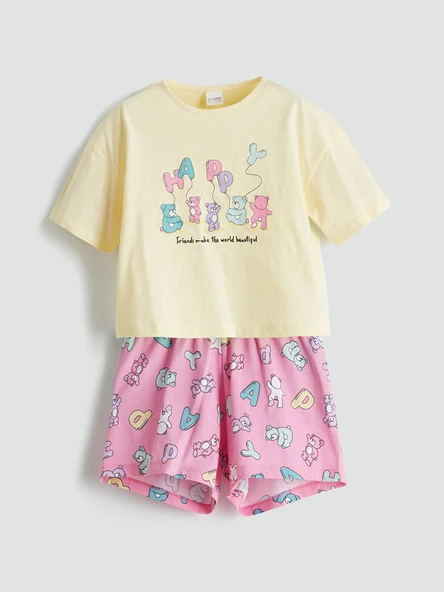 LCW Kids Sarı Baskılı Kız Çocuk Şortlu Pijama Takım ürün görseli 1