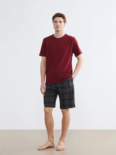LC WAIKIKI Bordo Standart Kalıp Ekose Erkek Şortlu Pijama Takımı ürün görseli 1