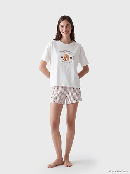 LCW Young Bordo Baskılı Kadın Şortlu Pijama Takımı ürün görseli 1
