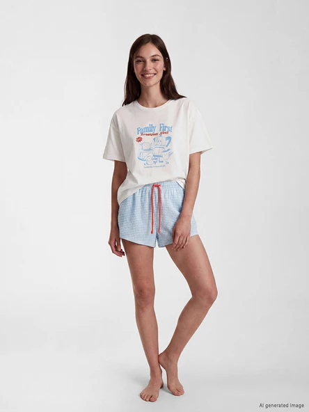 LCW DREAM Mavi Bisiklet Yaka Baskılı Kadın Şortlu Pijama Takımı ürün görseli 1