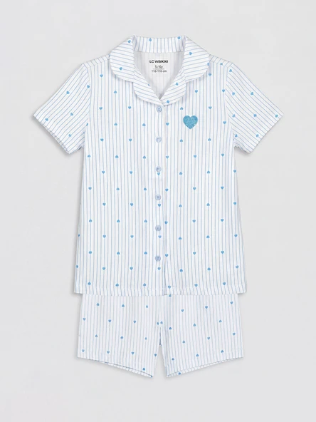 LCW Kids Mavi Gömlek Yaka Kız Çocuk Şortlu Pijama Takım ürün görseli 1