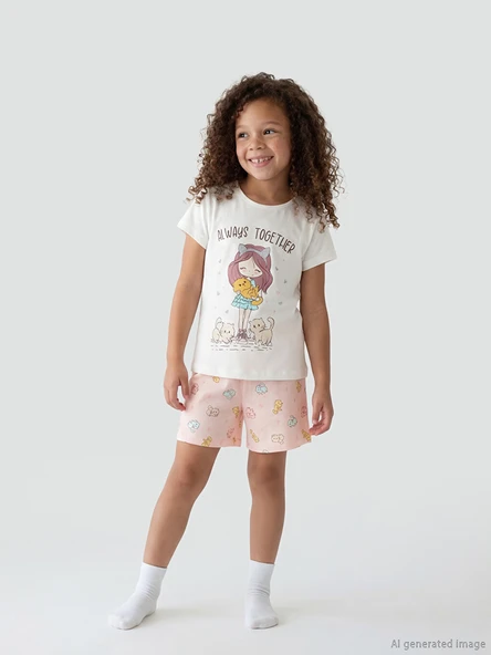 LCW Kids Ekru Bisiklet Yaka Baskılı Kız Çocuk Şortlu Pijama Takımı ürün görseli 1