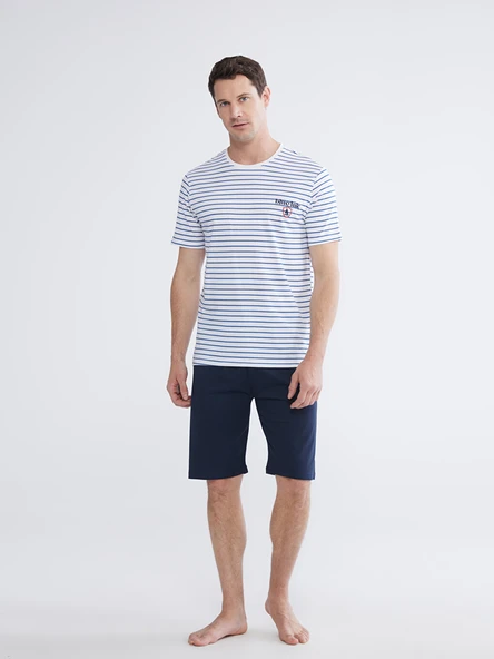 LC WAIKIKI Beyaz Standart Kalıp Çizgili Erkek Pijama Takımı ürün görseli 1