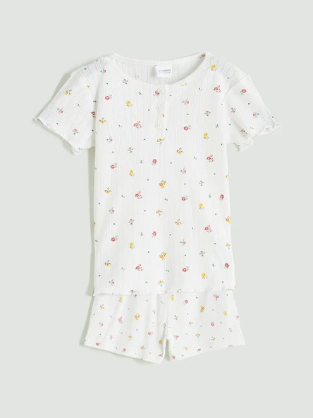 LCW Kids Ekru Çiçekli Kız Çocuk Şortlu Pijama Takım ürün görseli 1
