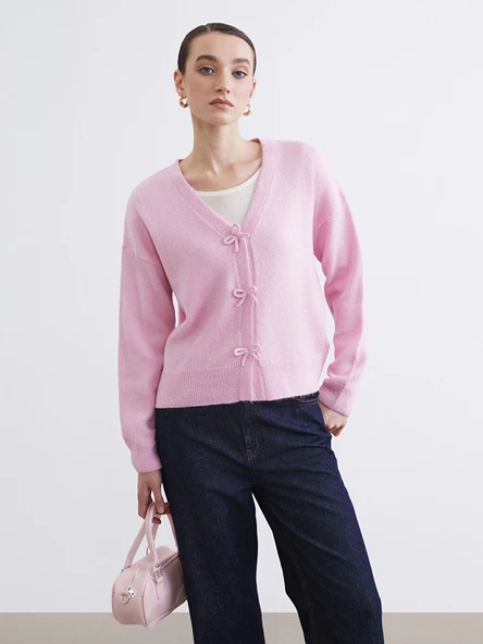 LCW Modest Pembe V Yaka Kadın Triko Hırka ürün görseli 1