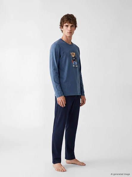 LC WAIKIKI İndigo Regular Fit Teddy Baskılı Erkek Pijama Takımı ürün görseli 1