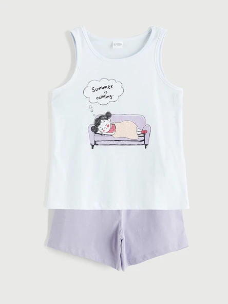 LC WAIKIKI Lila Baskılı Kız Çocuk Şortlu Pijama Takımı ürün görseli 1