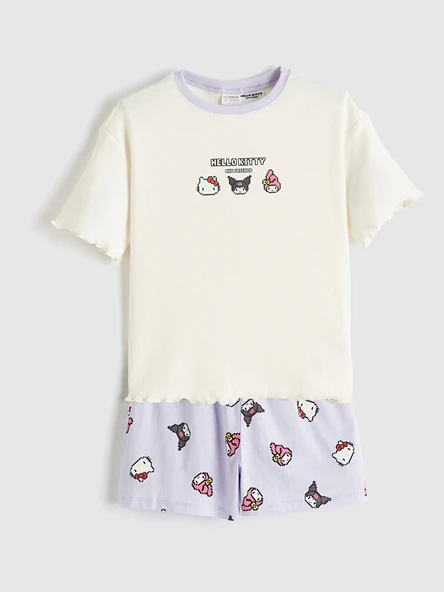 LCW Kids Ekru Hello Kitty ve Arkadaşları Baskılı Kız Çocuk Şortlu Pijama Takım ürün görseli 1