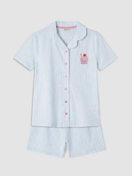 LCW Kids Beyaz Gömlek Yaka Kız Çocuk Şortlu Pijama Takımı ürün görseli 1