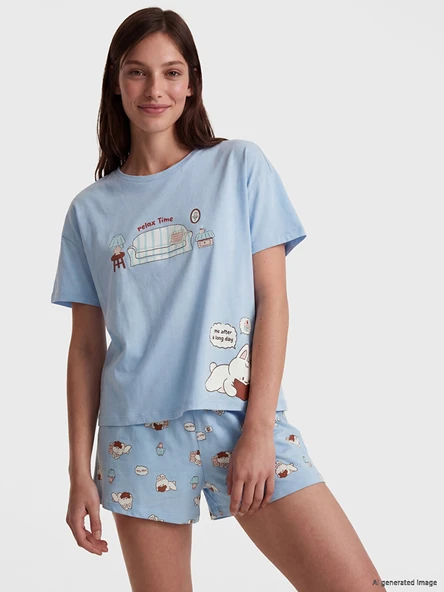 LCW Young Mavi Baskılı Kadın Şortlu Pijama Takımı ürün görseli 1