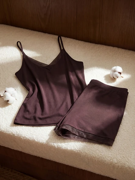 LCW DREAM Kahverengi V Yaka Tül Detaylı Kadın Şortlu Pijama Takımı ürün görseli 1