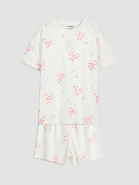 LCW Kids Ekru Fiyonk Baskılı Kız Çocuk Şortlu Pijama Takımı ürün görseli 1