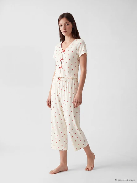 LCW DREAM Ekru Desenli Kadın Kaprili Pijama Takımı ürün görseli 1