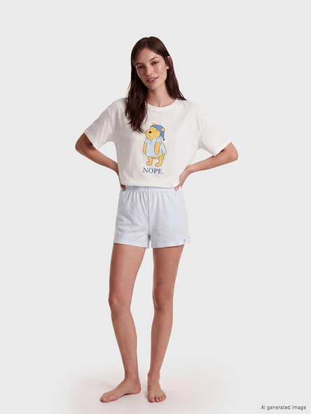 LCW Young Mavi Winnie the Pooh Baskılı Kadın Şortlu Pijama Takımı ürün görseli 1