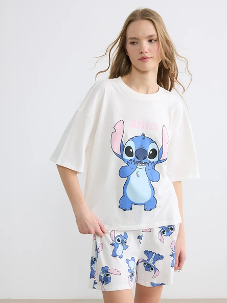 LCW Young Ekru Stitch Baskılı Kadın Şortlu Pijama Takımı ürün görseli 1