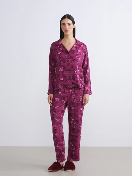 LCW DREAM Kırmızı Petite Gömlek Yaka Çiçekli Kadın Pijama Takımı ürün görseli 1