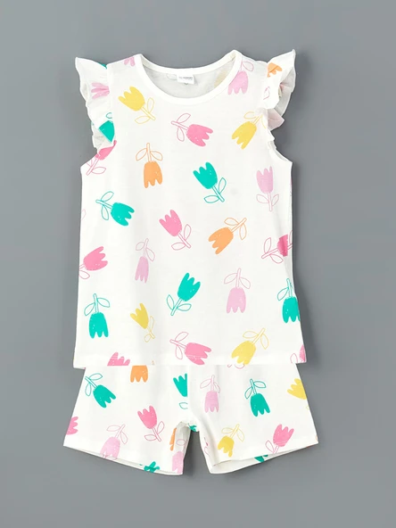 LCW Kids Ekru Bisiklet Yaka Çiçekli Kız Çocuk Şortlu Pijama Takımı ürün görseli 1