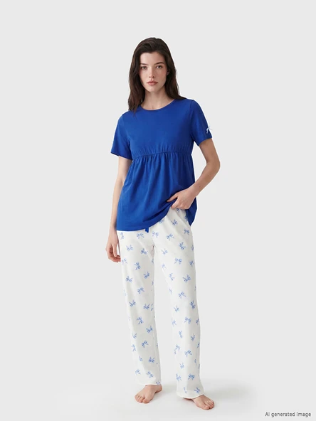 LCW DREAM Ekru Bisiklet Yaka Desenli Kadın Pijama Takım ürün görseli 1