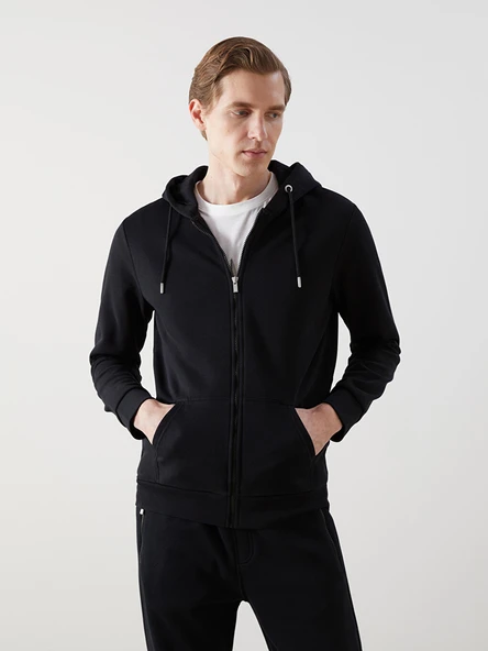 LCWAIKIKI Basic Siyah Kapüşonlu Uzun Kollu Erkek Fermuarlı Sweatshirt ürün görseli 1