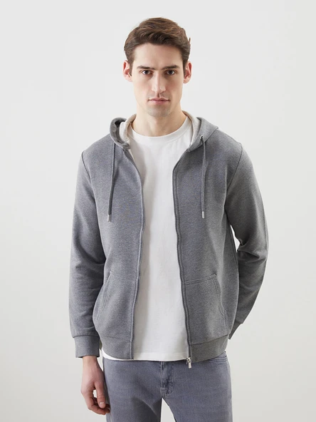LCWAIKIKI Basic Gri Kapüşonlu Uzun Kollu Erkek Fermuarlı Sweatshirt ürün görseli 1
