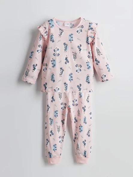 LCW Kids Pembe Bisiklet Yaka Çiçekli Kız Bebek Pijama Takımı ürün görseli 1