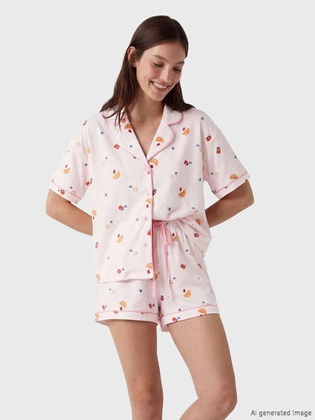 LCW DREAM Ekru Gömlek Yaka Baskılı Kadın Şortlu Pijama Takımı ürün görseli 1