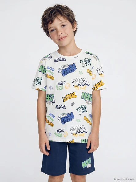 LCW Kids Ekru Bisiklet Yaka Erkek Çocuk Şortlu Pijama Takımı ürün görseli 1