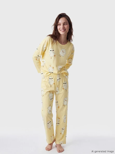 LCW Young Sarı Civciv Baskılı Kadın Pijama Takımı ürün görseli 1
