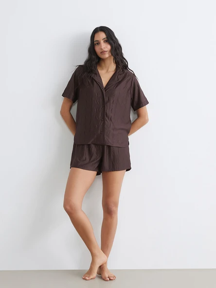 LCW DREAM Kahverengi Gömlek Yaka Desenli Kadın Şortlu Pijama Takımı ürün görseli 1