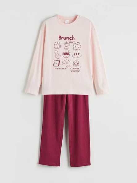 LCW Kids Pembe Baskılı Bisiklet Yaka Kız Çocuk Pijama Takım ürün görseli 1